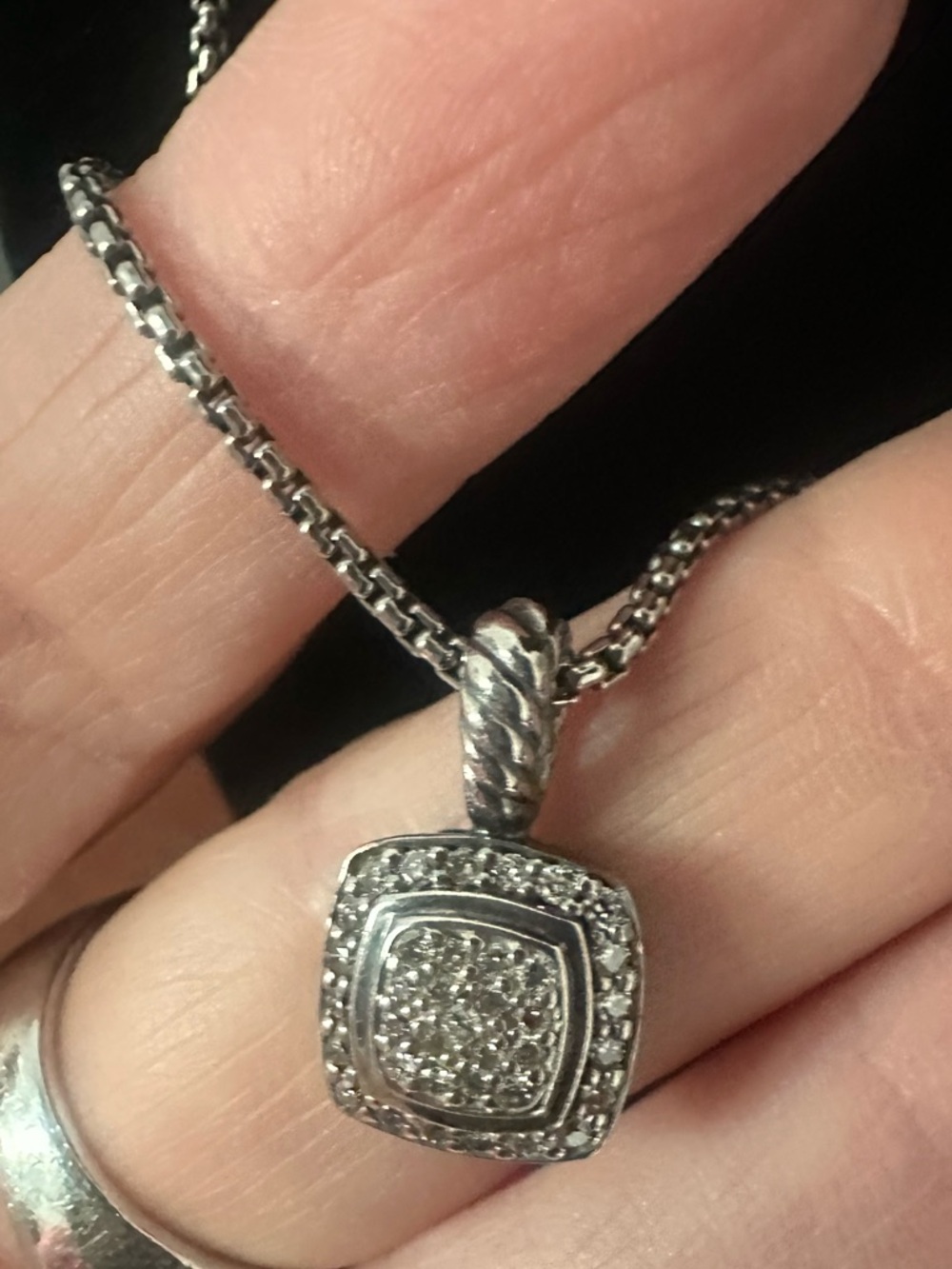 David Yurman Silver Pave Square Pendant Necklace